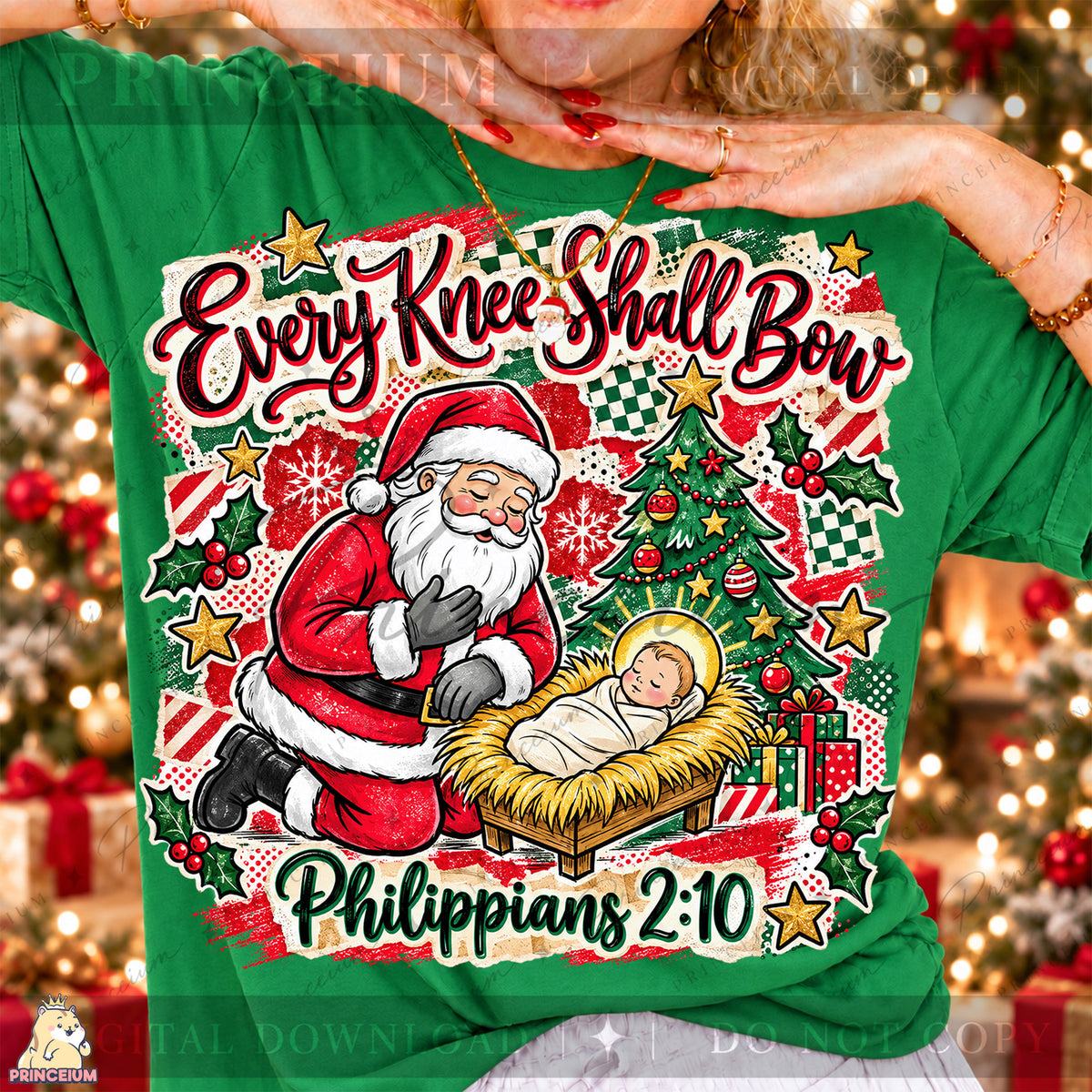 Every Knee Shall Bow Christmas PNG Santa & Baby Jesus Christian Holiday Design