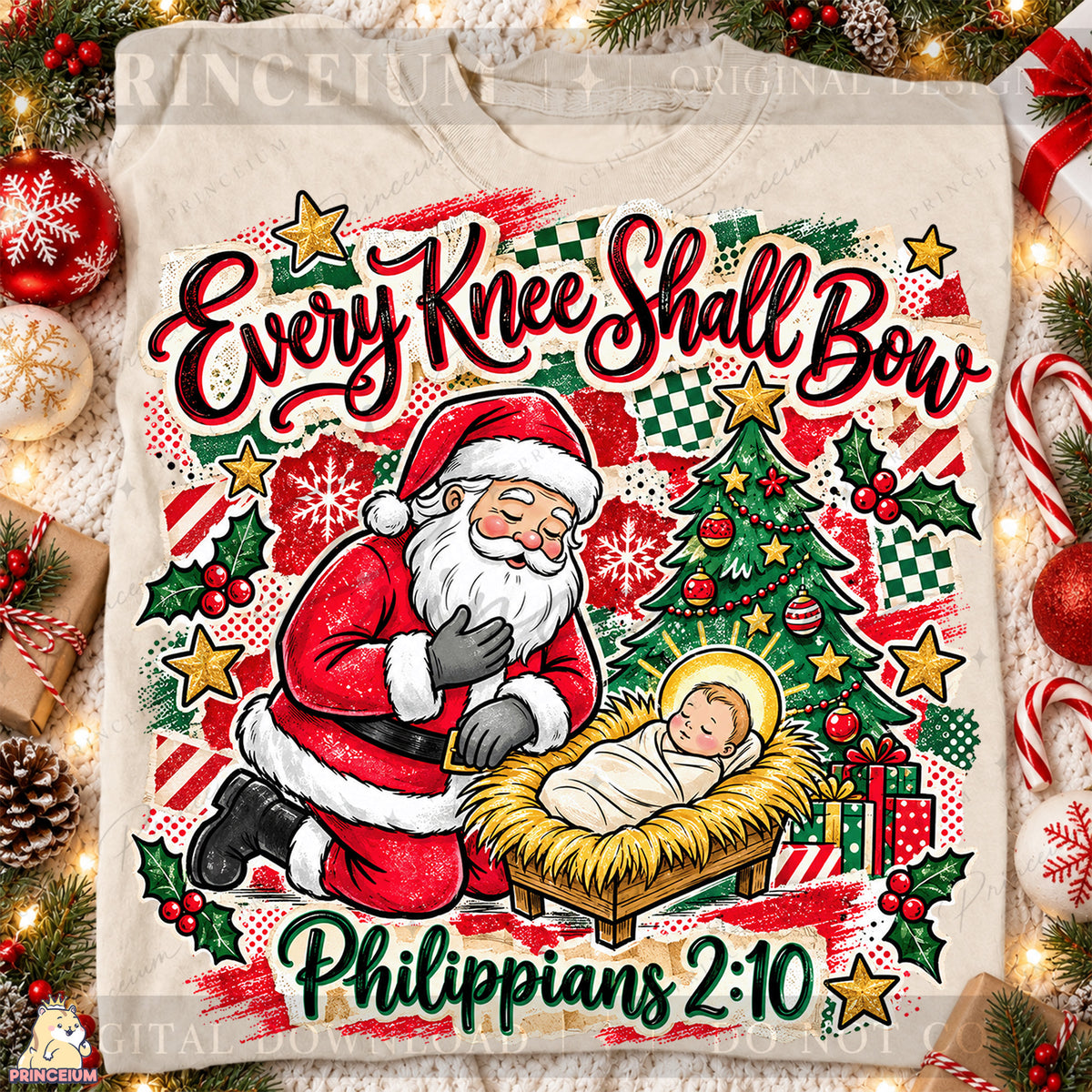 Every Knee Shall Bow Christmas PNG Santa & Baby Jesus Christian Holiday Design