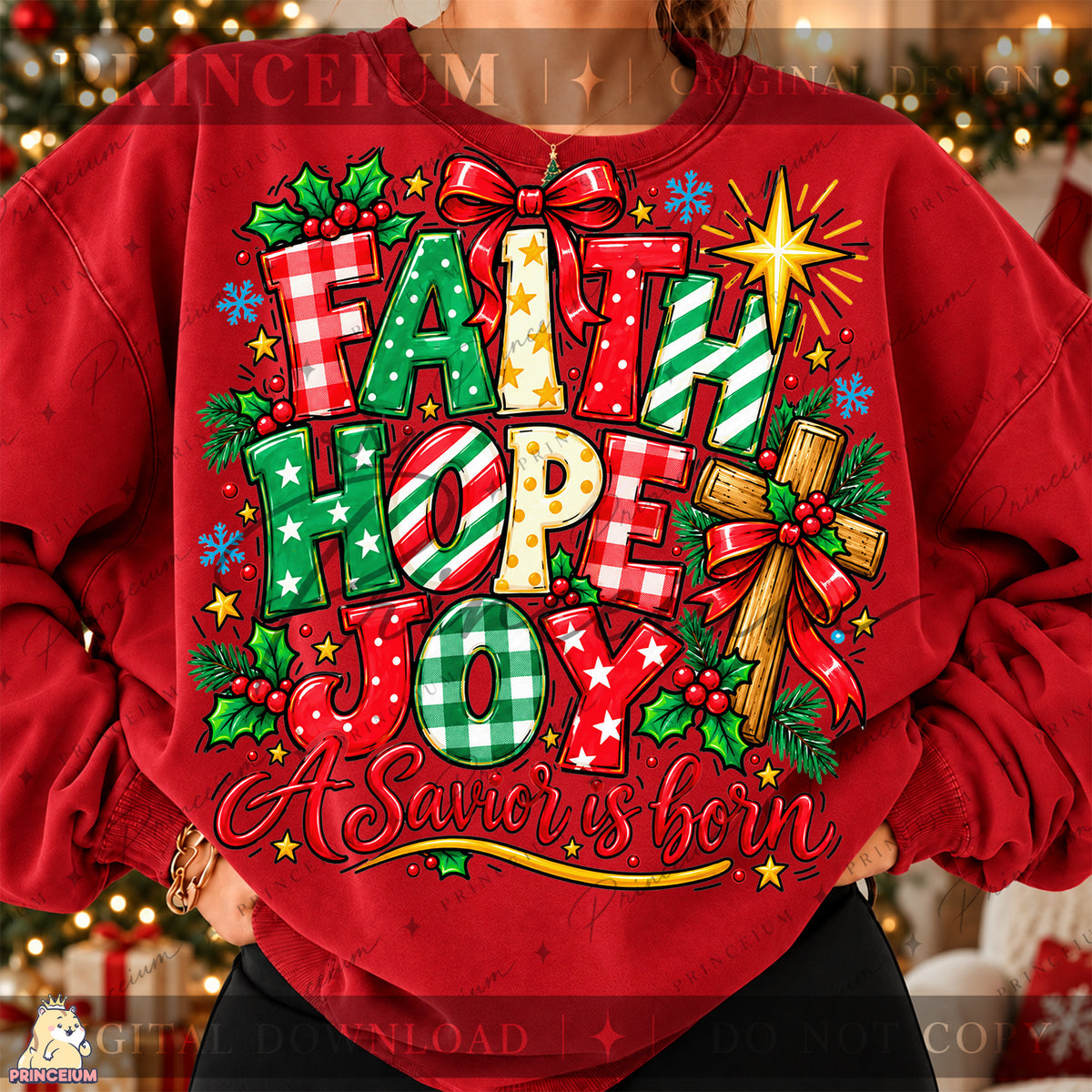 Faith Hope Joy Christmas PNG Cross & Bow Preppy Christian Holiday Design