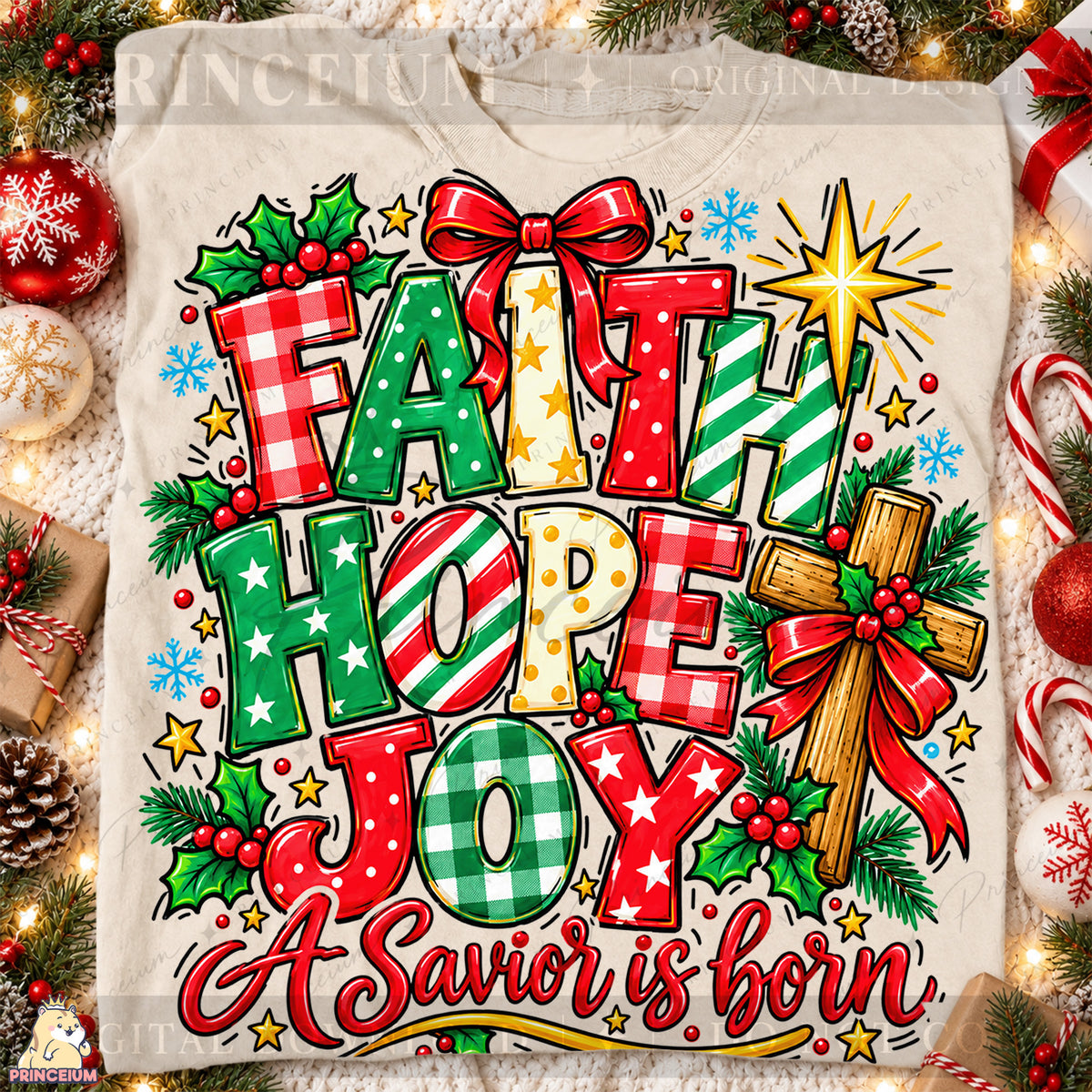 Faith Hope Joy Christmas PNG Cross & Bow Preppy Christian Holiday Design