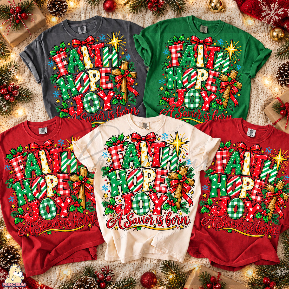 Faith Hope Joy Christmas PNG Cross & Bow Preppy Christian Holiday Design
