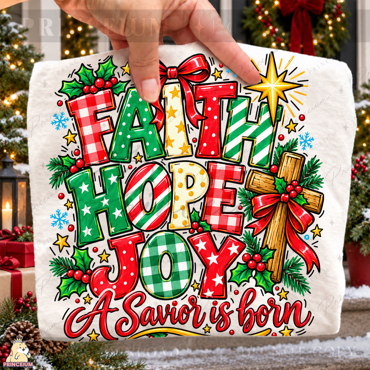 Faith Hope Joy Christmas PNG Cross & Bow Preppy Christian Holiday Design