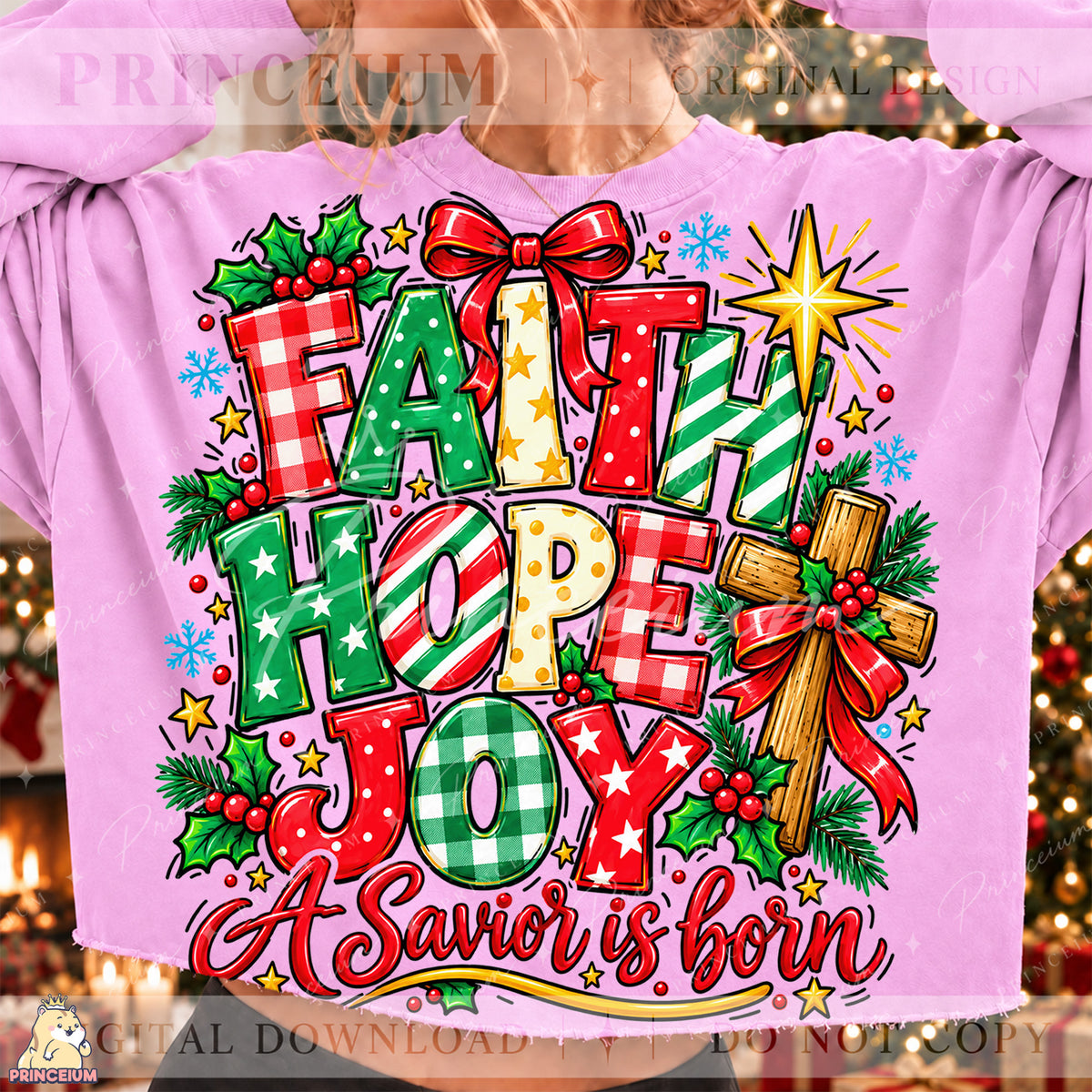 Faith Hope Joy Christmas PNG Cross & Bow Preppy Christian Holiday Design