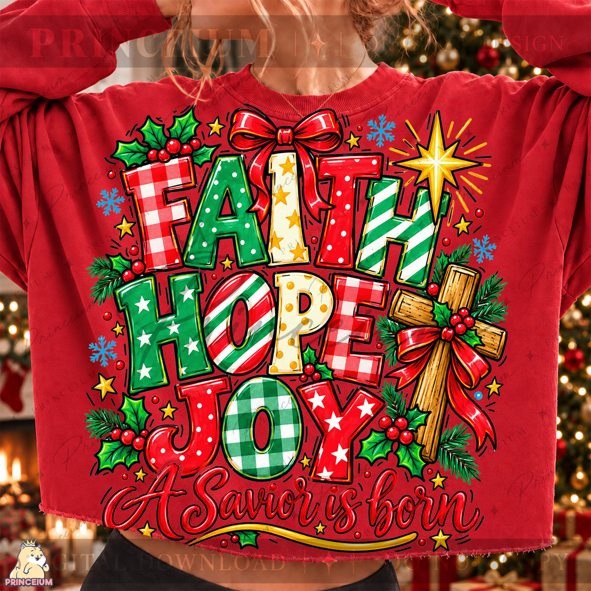 Faith Hope Joy Christmas PNG Cross & Bow Preppy Christian Holiday Design