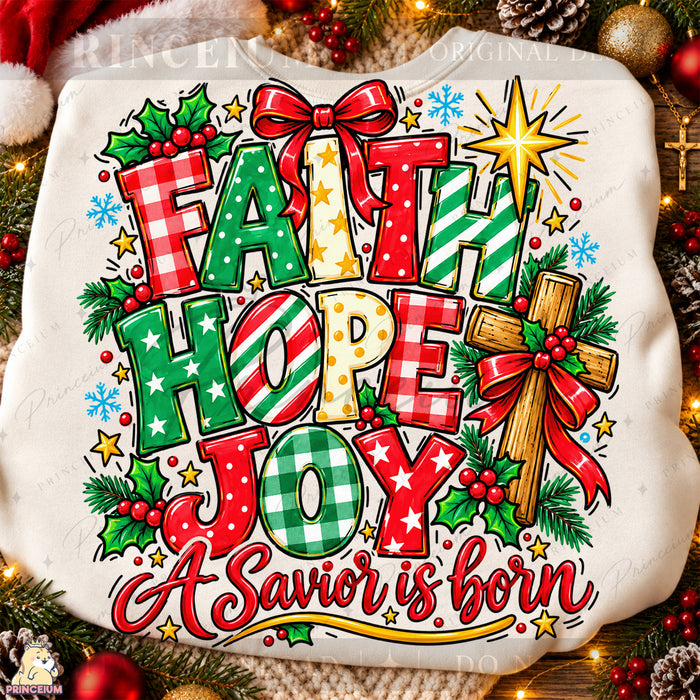 Faith Hope Joy Christmas PNG Cross & Bow Preppy Christian Holiday Design