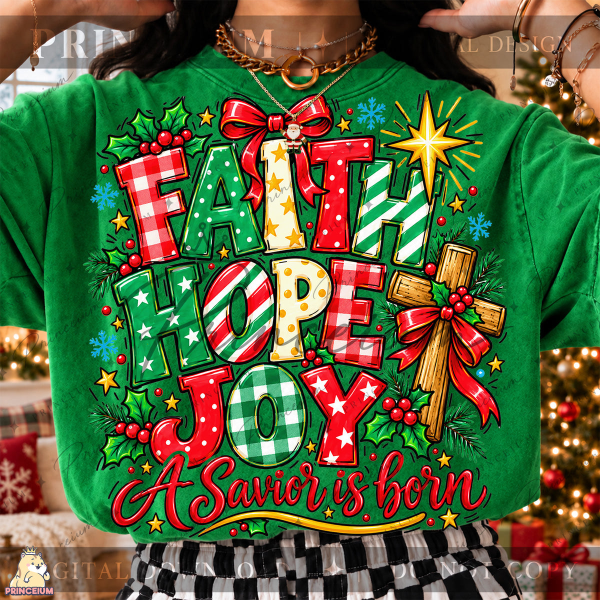 Faith Hope Joy Christmas PNG Cross & Bow Preppy Christian Holiday Design