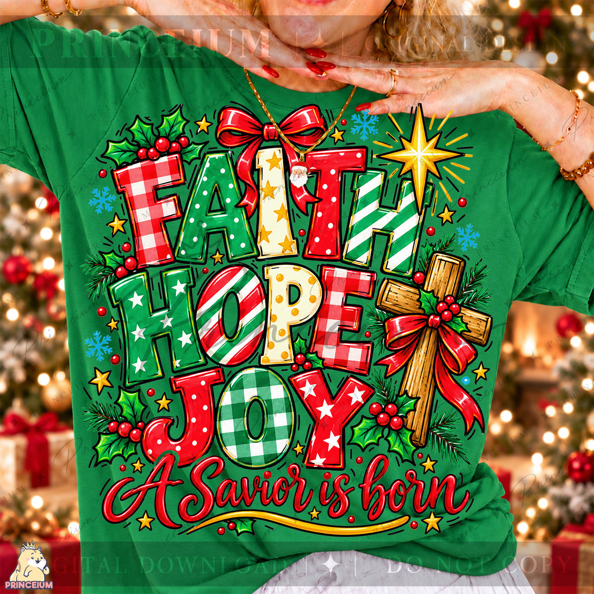 Faith Hope Joy Christmas PNG Cross & Bow Preppy Christian Holiday Design