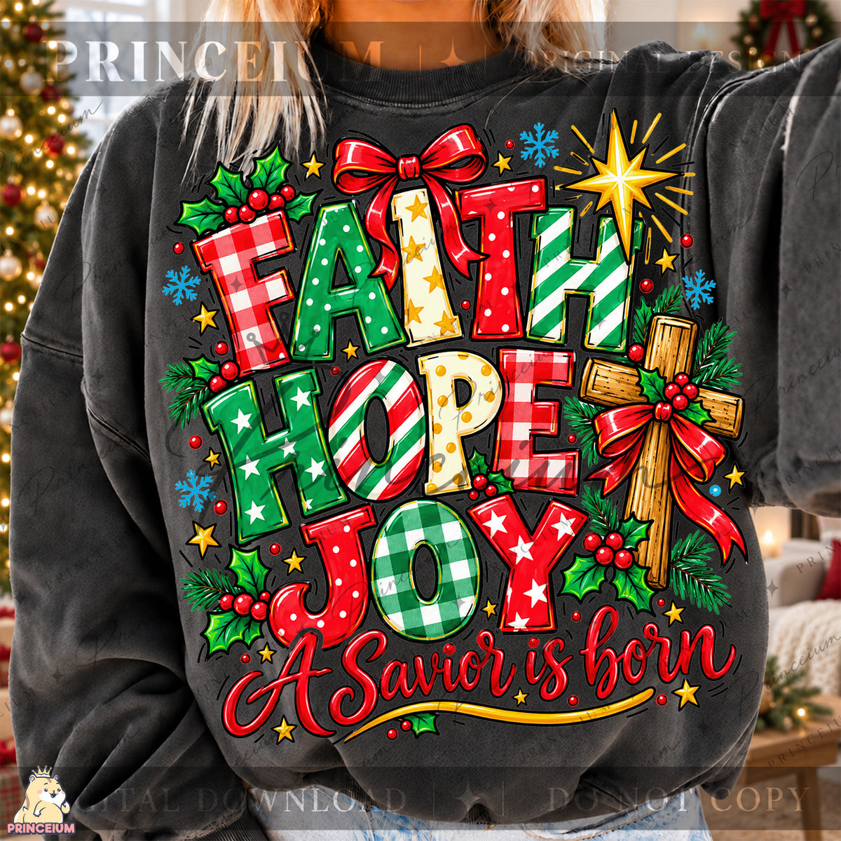 Faith Hope Joy Christmas PNG Cross & Bow Preppy Christian Holiday Design