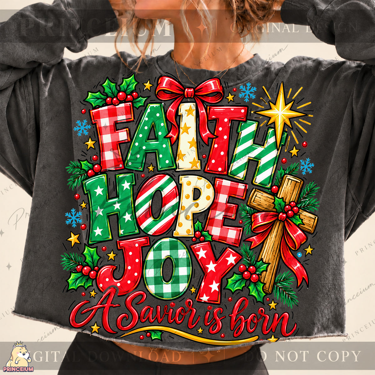 Faith Hope Joy Christmas PNG Cross & Bow Preppy Christian Holiday Design