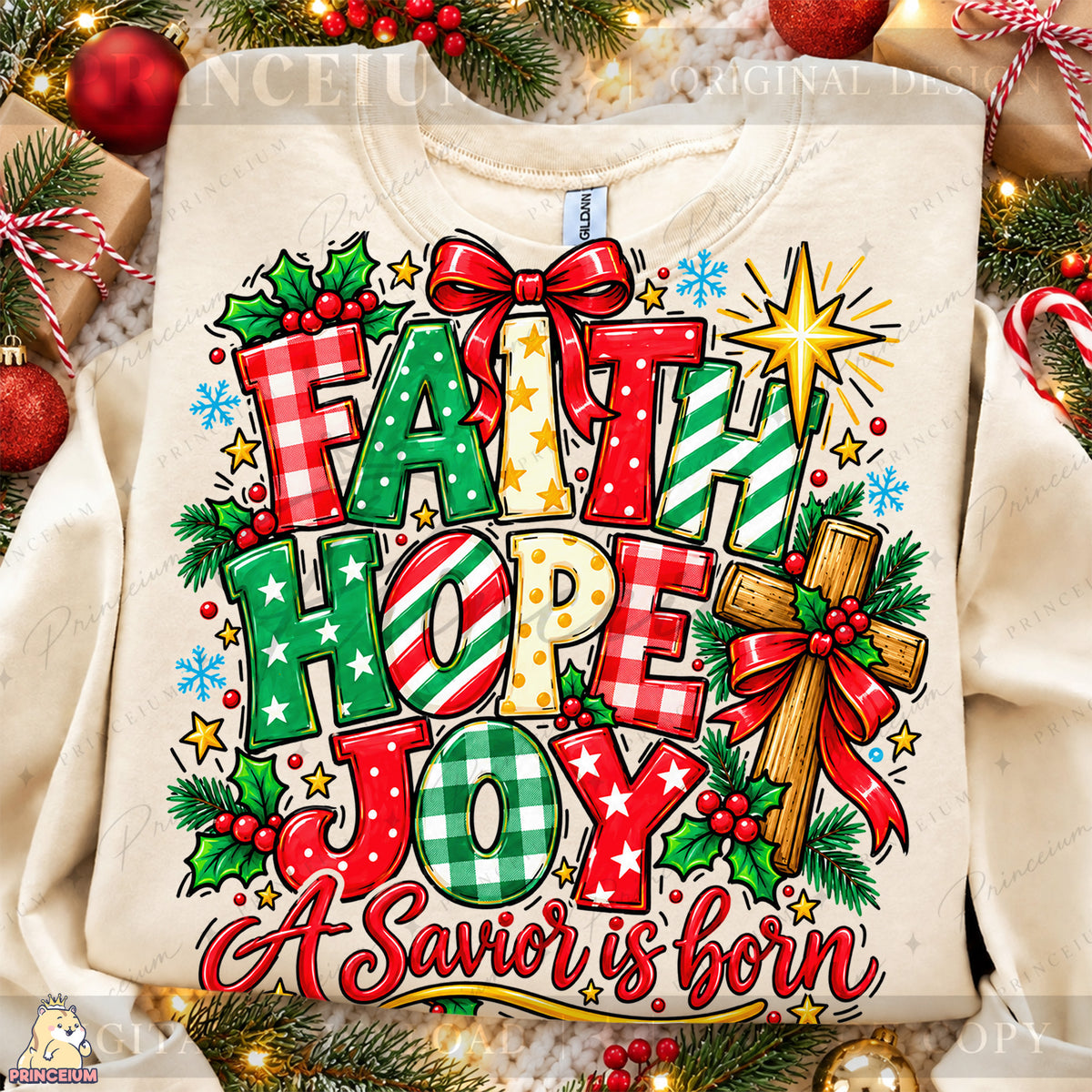 Faith Hope Joy Christmas PNG Cross & Bow Preppy Christian Holiday Design