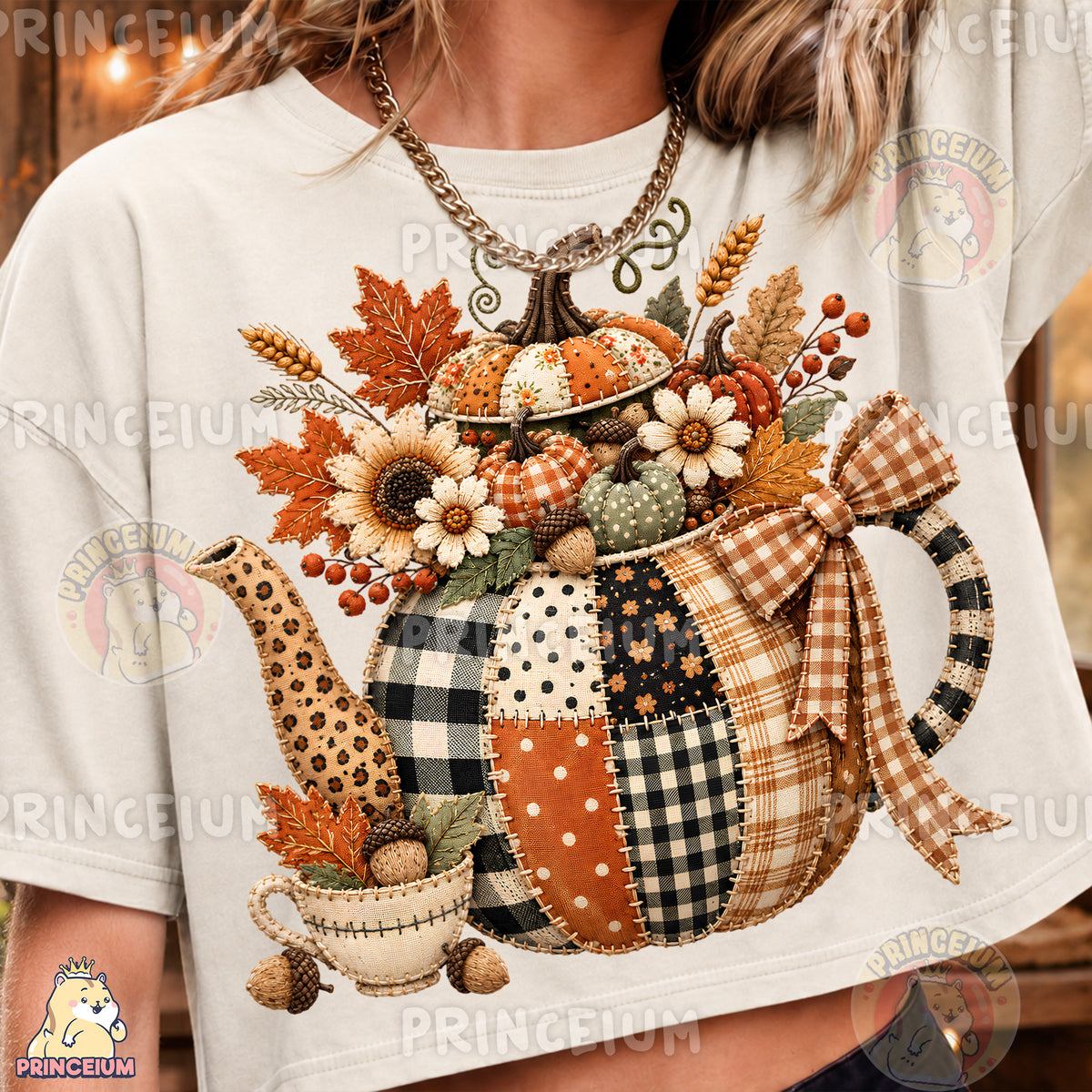 Fall Teapot PNG Faux Embroidery Patchwork Pumpkin & Floral Design