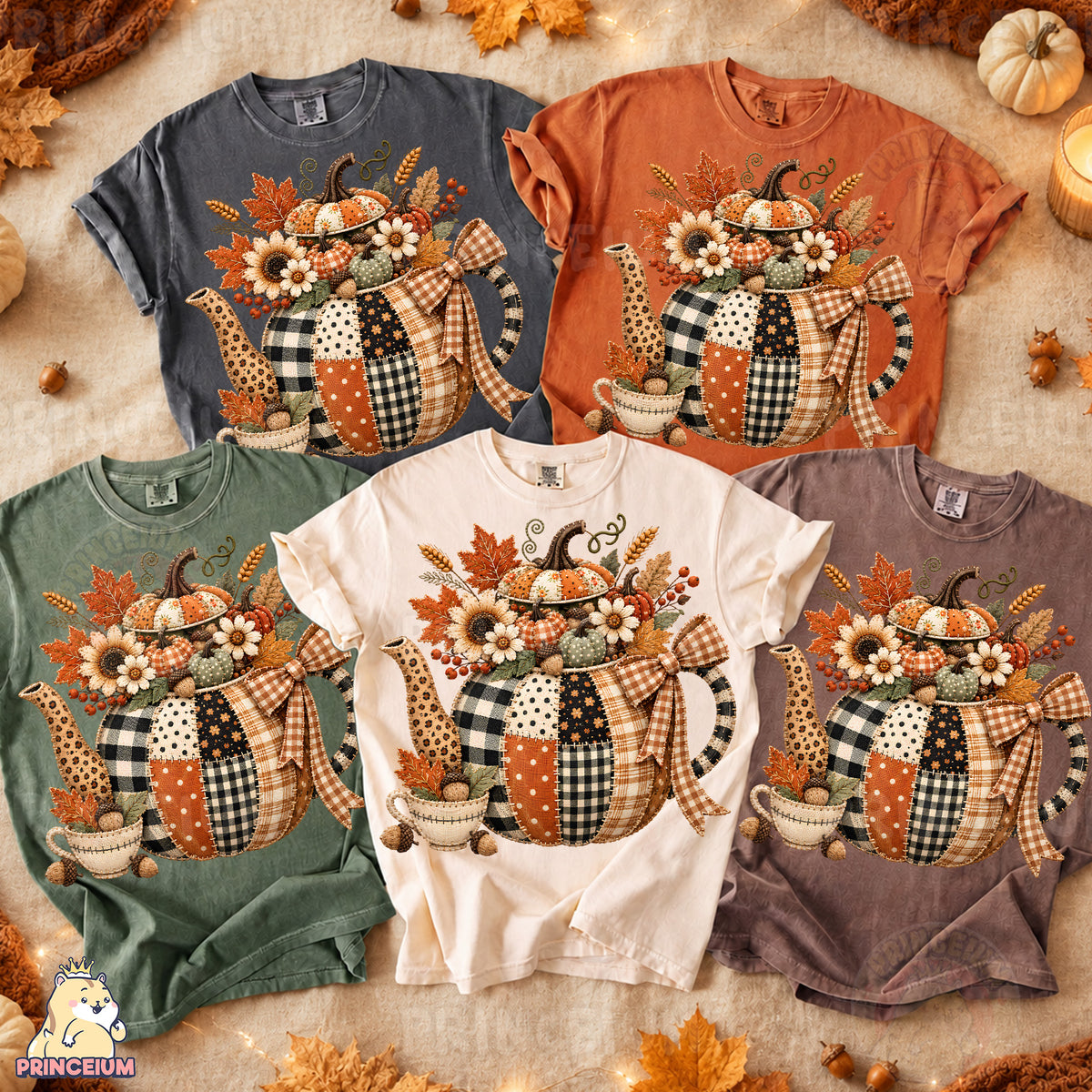 Fall Teapot PNG Faux Embroidery Patchwork Pumpkin & Floral Design