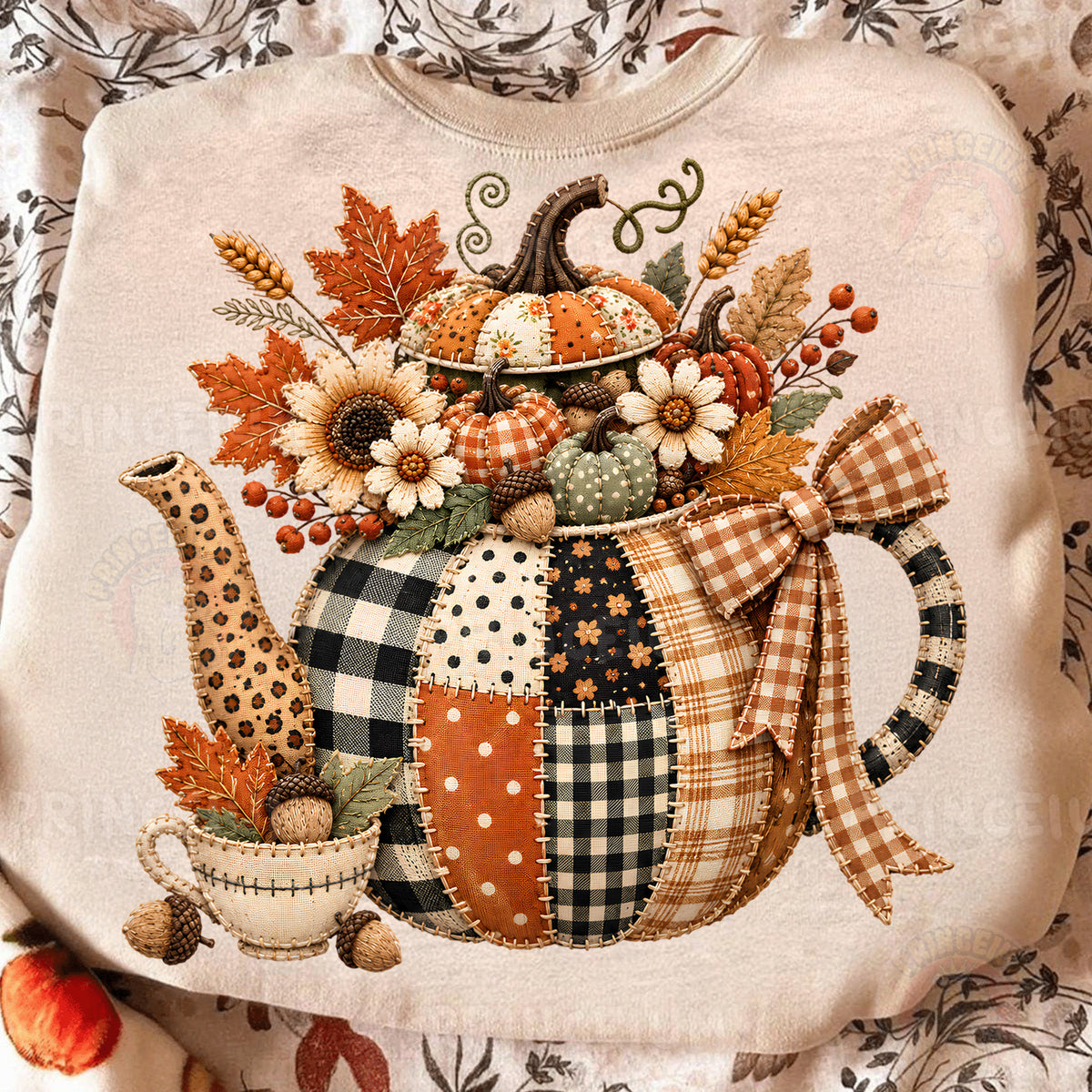Fall Teapot PNG Faux Embroidery Patchwork Pumpkin & Floral Design