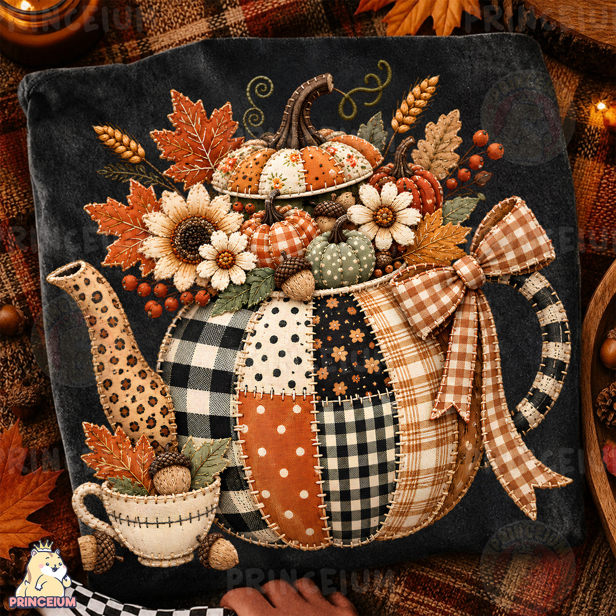 Fall Teapot PNG Faux Embroidery Patchwork Pumpkin & Floral Design