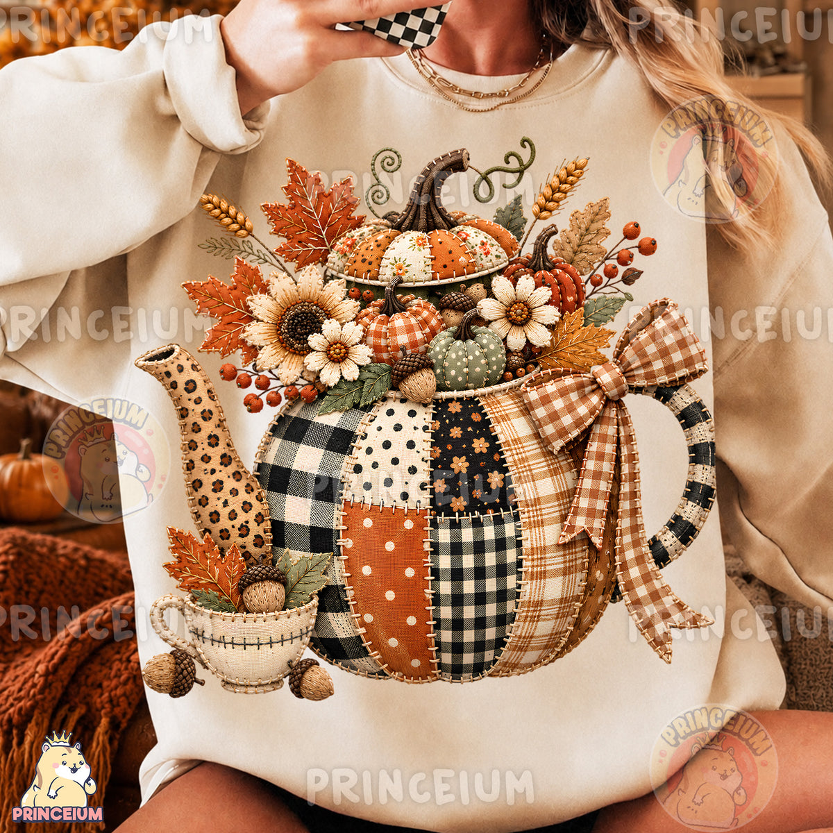 Fall Teapot PNG Faux Embroidery Patchwork Pumpkin & Floral Design