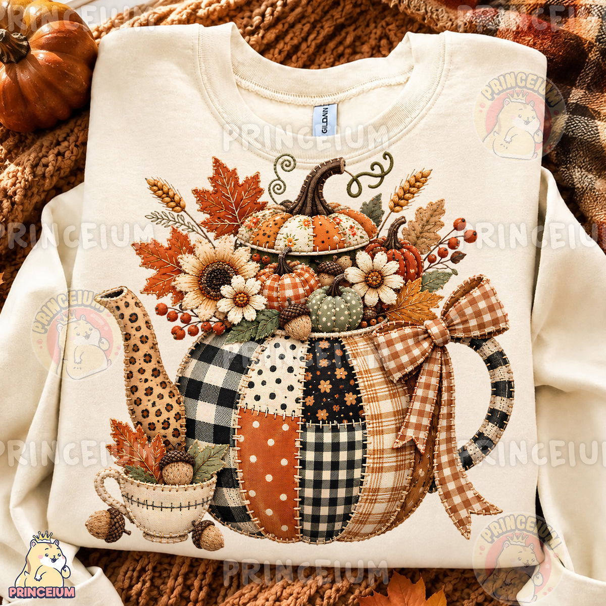 Fall Teapot PNG Faux Embroidery Patchwork Pumpkin & Floral Design