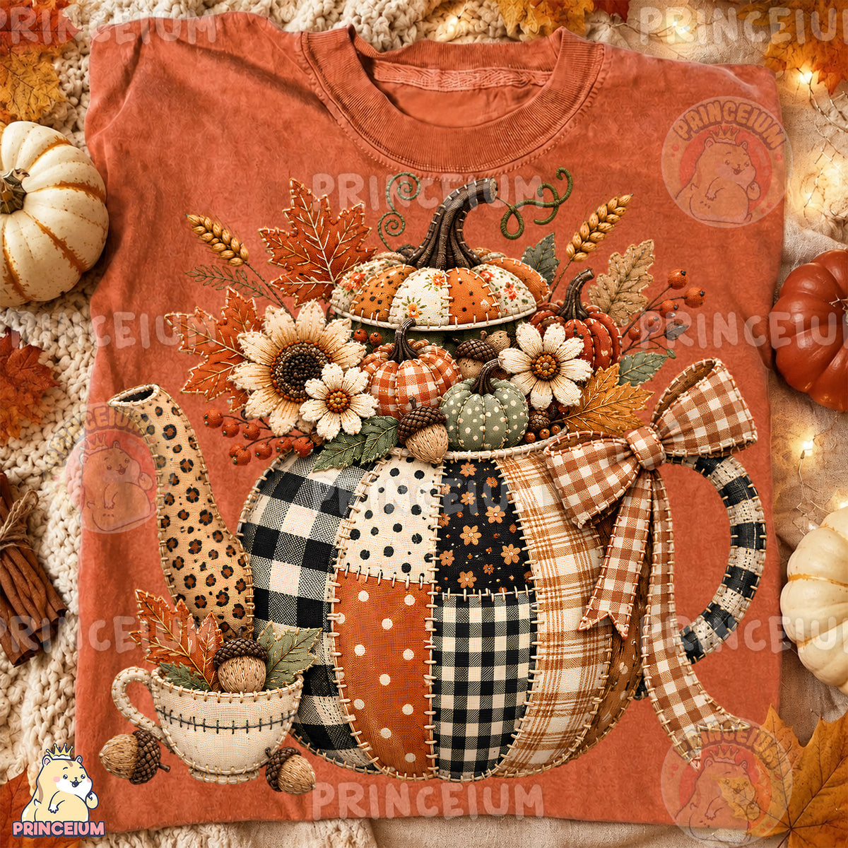 Fall Teapot PNG Faux Embroidery Patchwork Pumpkin & Floral Design