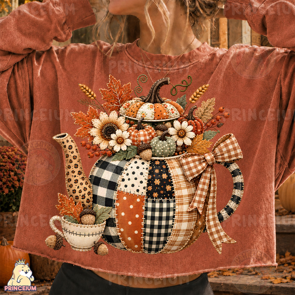 Fall Teapot PNG Faux Embroidery Patchwork Pumpkin & Floral Design