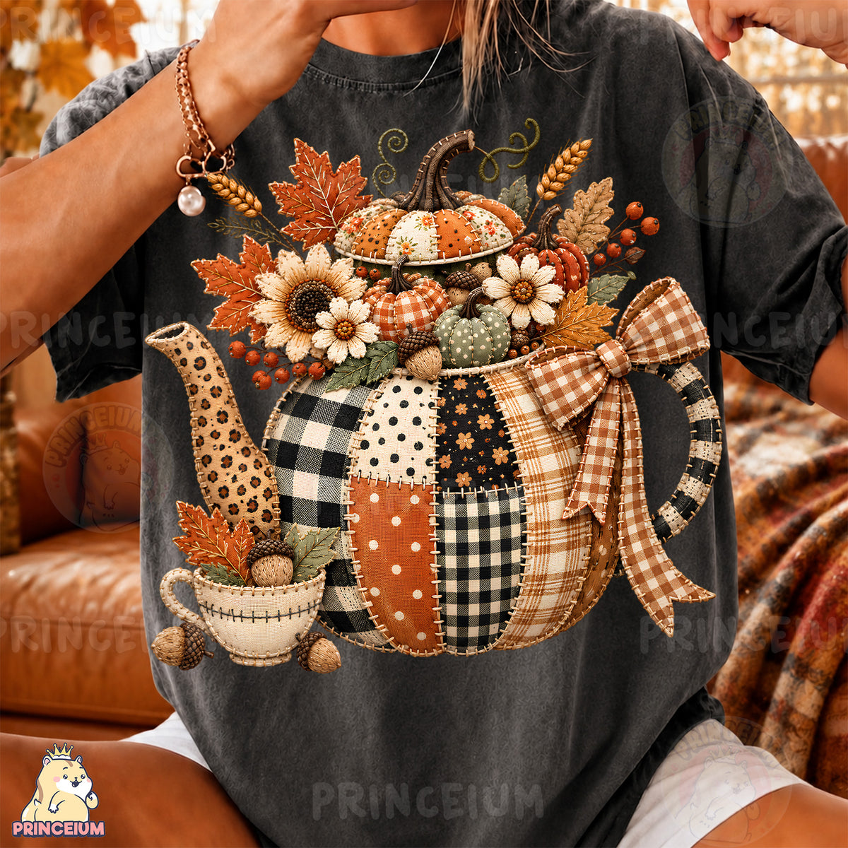 Fall Teapot PNG Faux Embroidery Patchwork Pumpkin & Floral Design