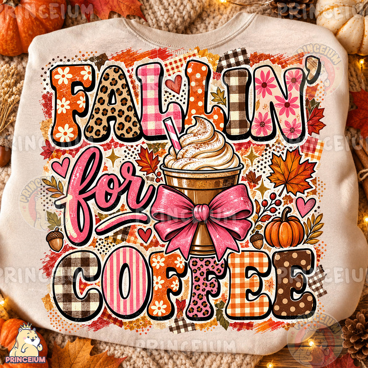 Fallin’ for Coffee PNG Preppy Pink Bow Autumn Coffee Design
