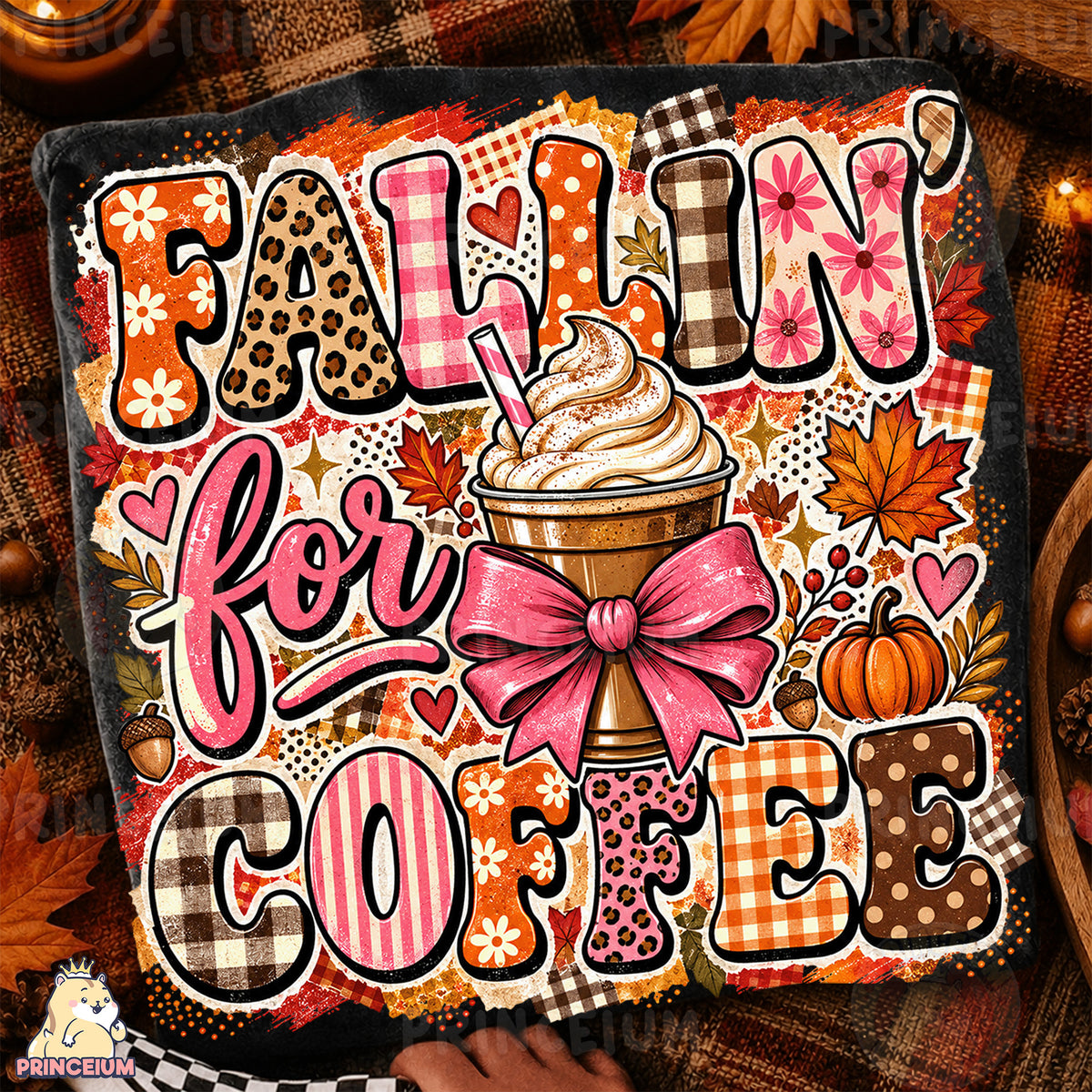 Fallin’ for Coffee PNG Preppy Pink Bow Autumn Coffee Design