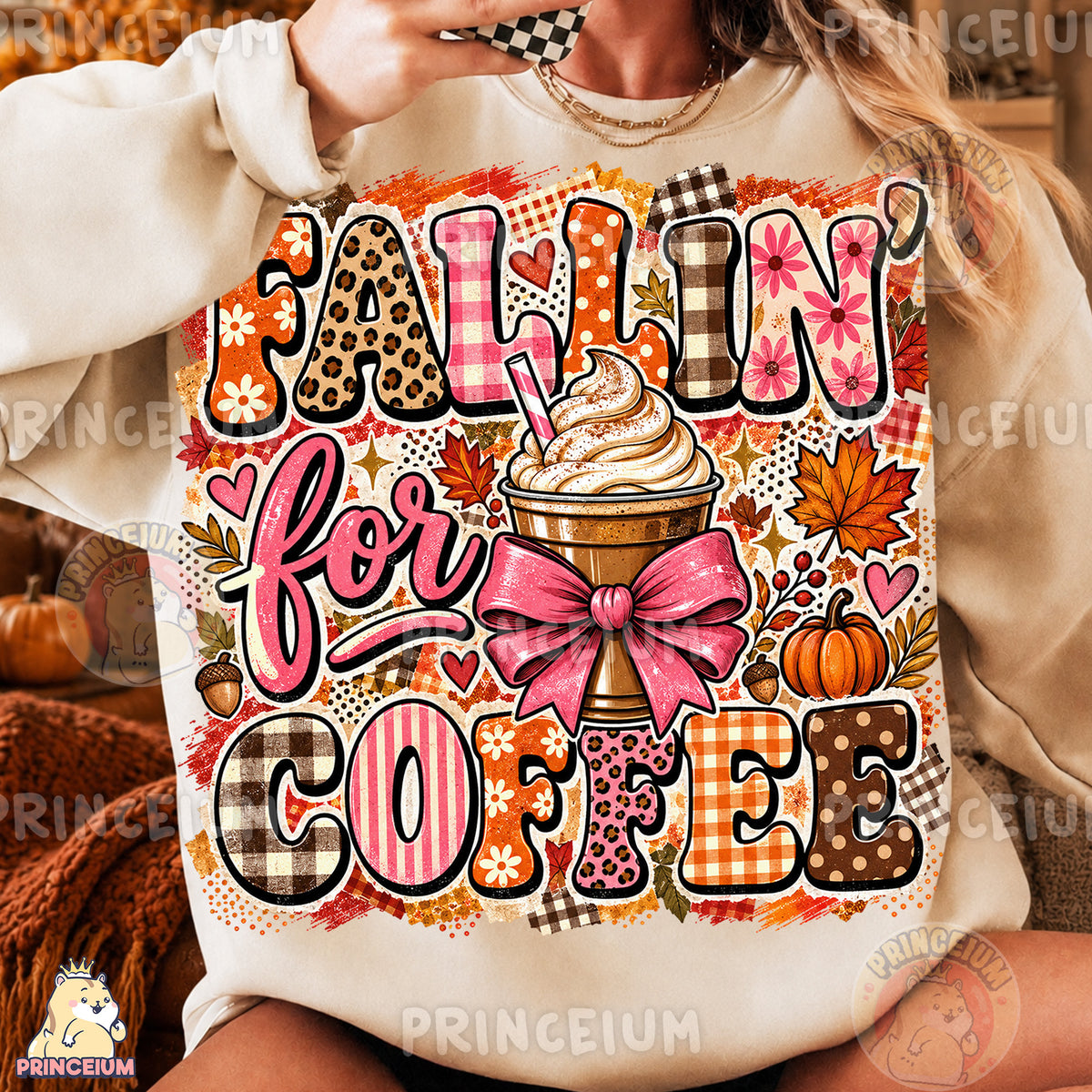Fallin’ for Coffee PNG Preppy Pink Bow Autumn Coffee Design