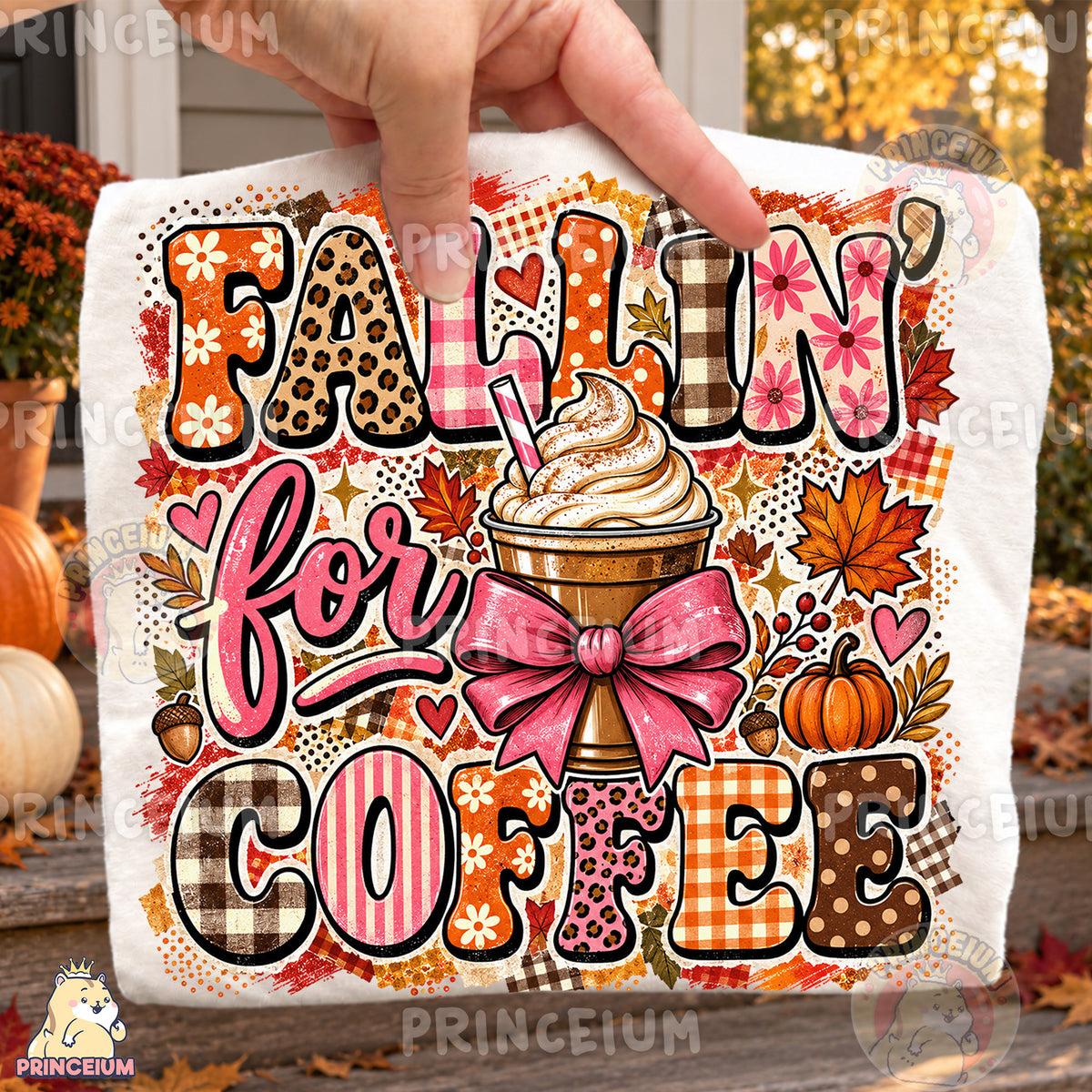 Fallin’ for Coffee PNG Preppy Pink Bow Autumn Coffee Design