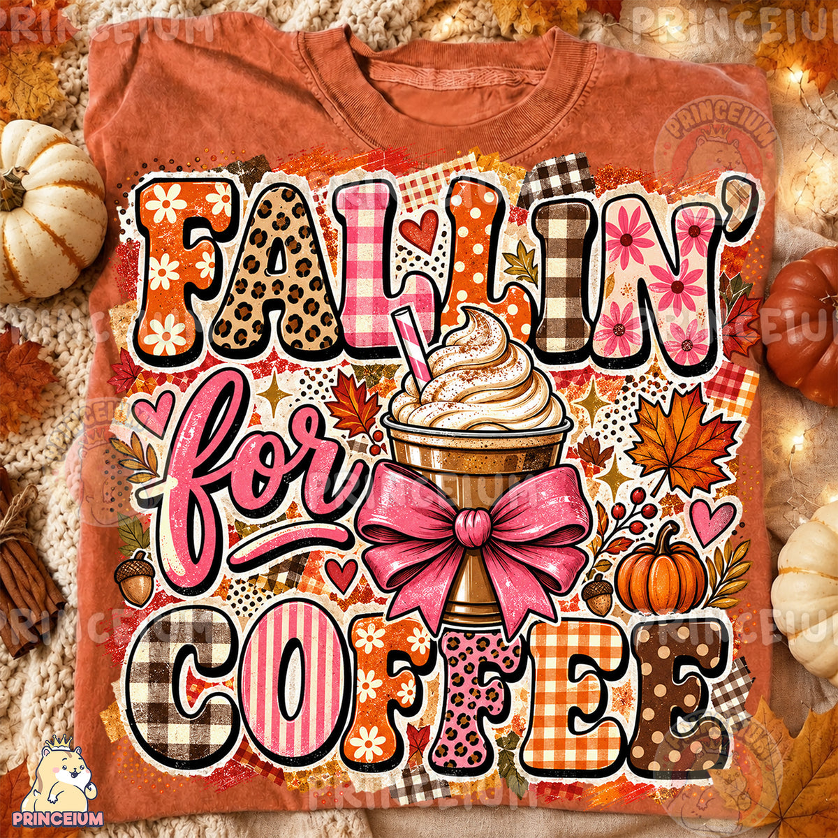 Fallin’ for Coffee PNG Preppy Pink Bow Autumn Coffee Design