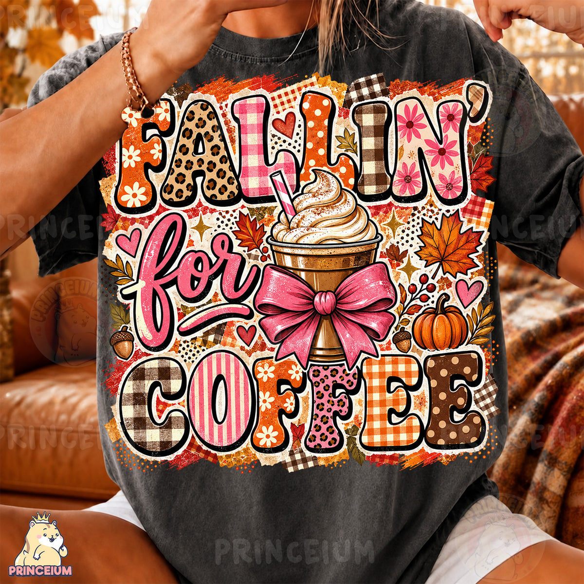 Fallin’ for Coffee PNG Preppy Pink Bow Autumn Coffee Design