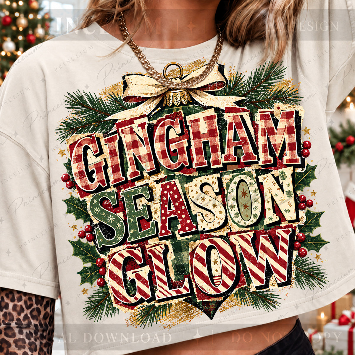 Gingham Season Glow Christmas PNG Plaid Lettering & Bow Vintage Holiday Design