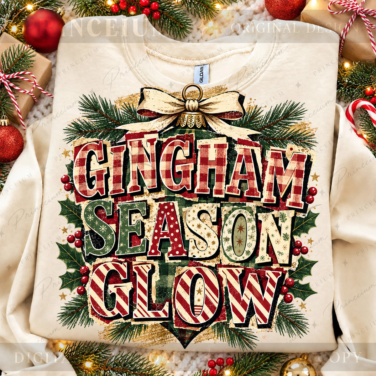 Gingham Season Glow Christmas PNG Plaid Lettering & Bow Vintage Holiday Design
