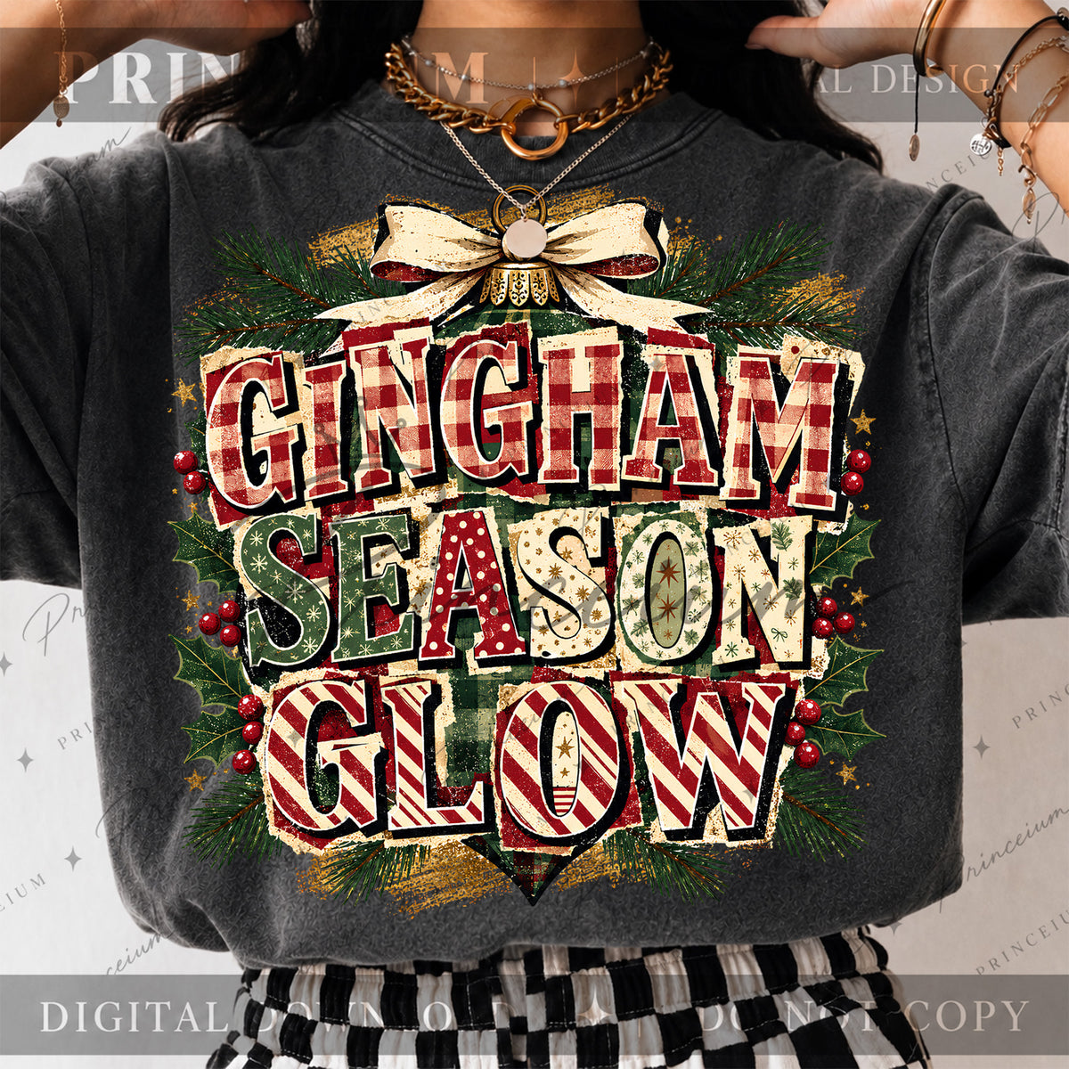 Gingham Season Glow Christmas PNG Plaid Lettering & Bow Vintage Holiday Design