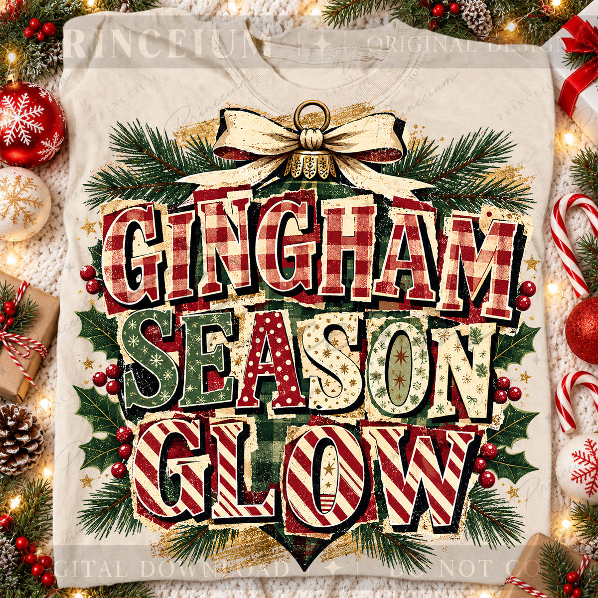 Gingham Season Glow Christmas PNG Plaid Lettering & Bow Vintage Holiday Design