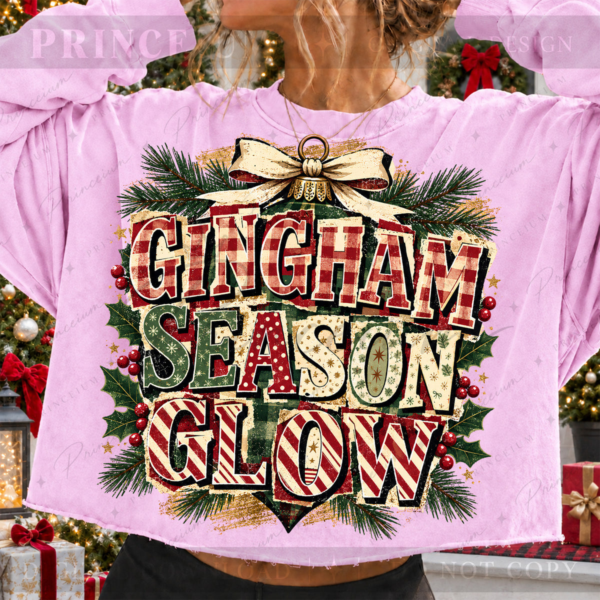 Gingham Season Glow Christmas PNG Plaid Lettering & Bow Vintage Holiday Design