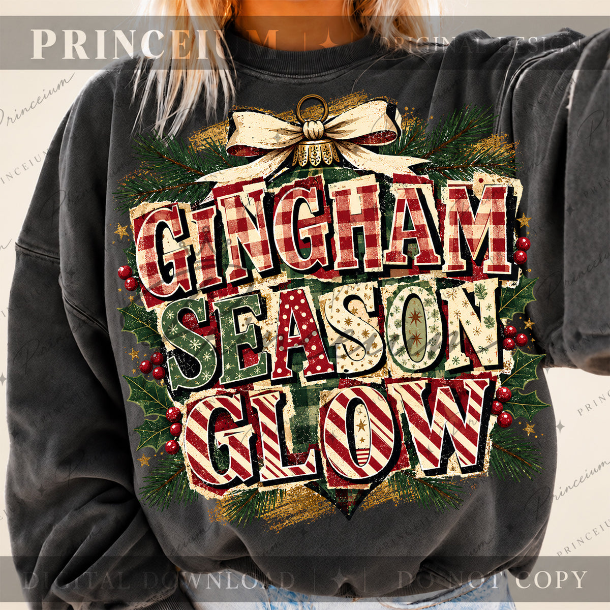 Gingham Season Glow Christmas PNG Plaid Lettering & Bow Vintage Holiday Design