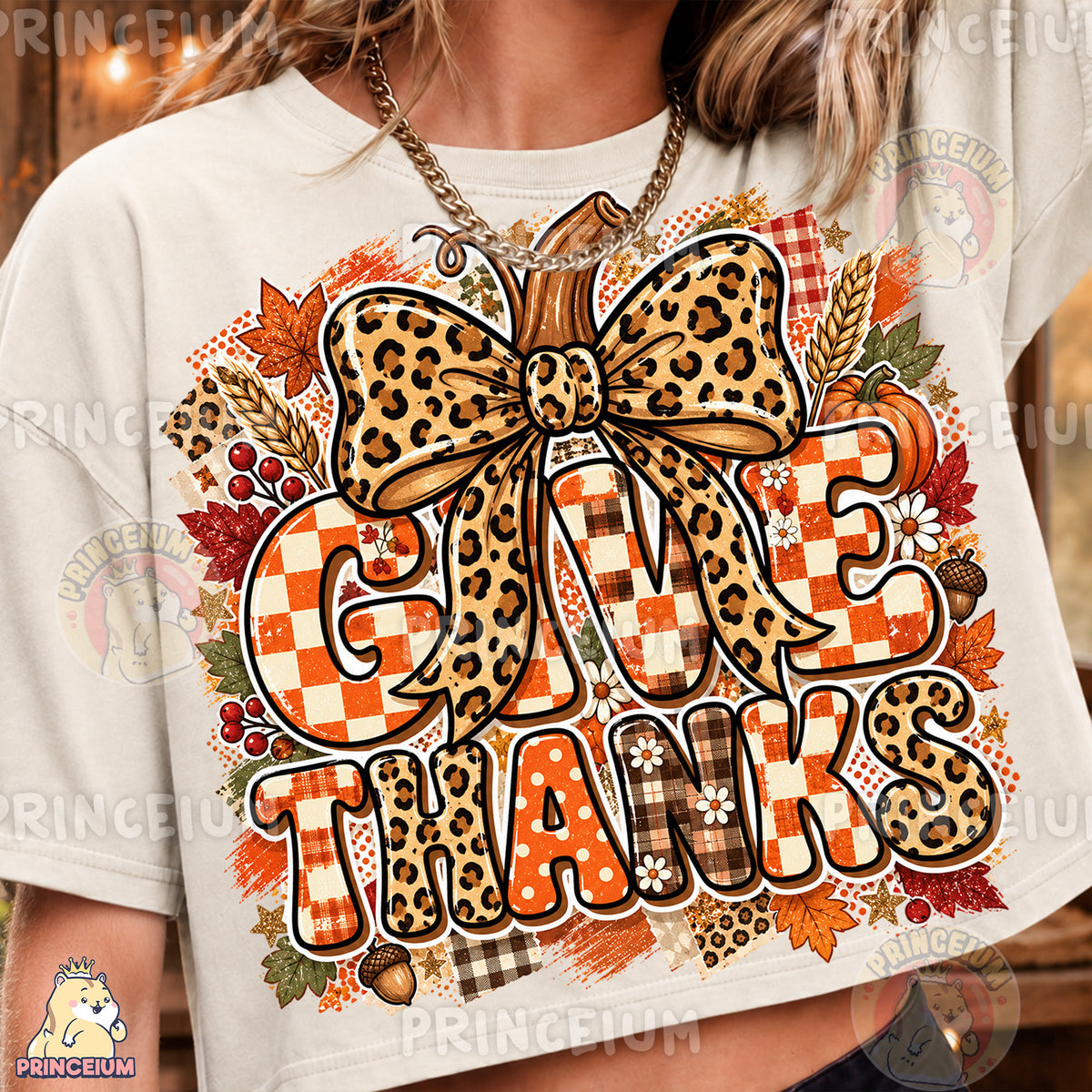 Give Thanks PNG Leopard Bow & Checkered Lettering Thanksgiving Design