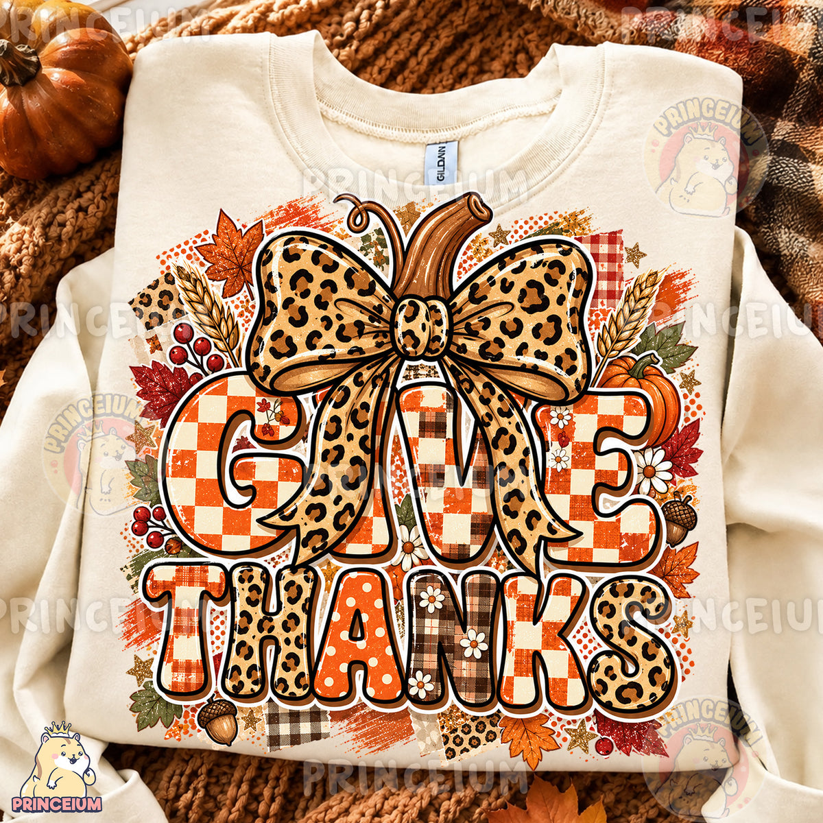 Give Thanks PNG Leopard Bow & Checkered Lettering Thanksgiving Design