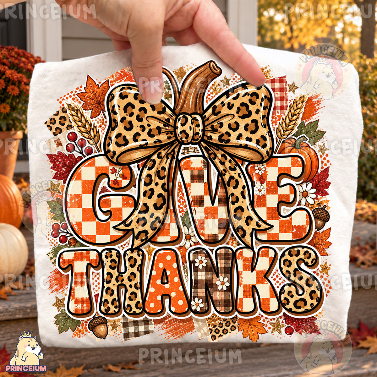 Give Thanks PNG Leopard Bow & Checkered Lettering Thanksgiving Design
