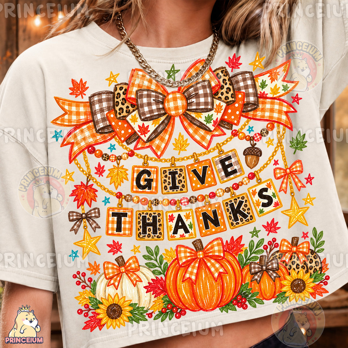 Give Thanks PNG Preppy Fall Bows & Pumpkins Thanksgiving Design
