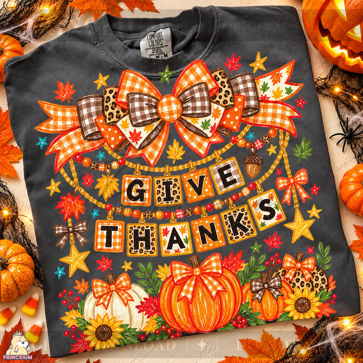 Give Thanks PNG Preppy Fall Bows & Pumpkins Thanksgiving Design