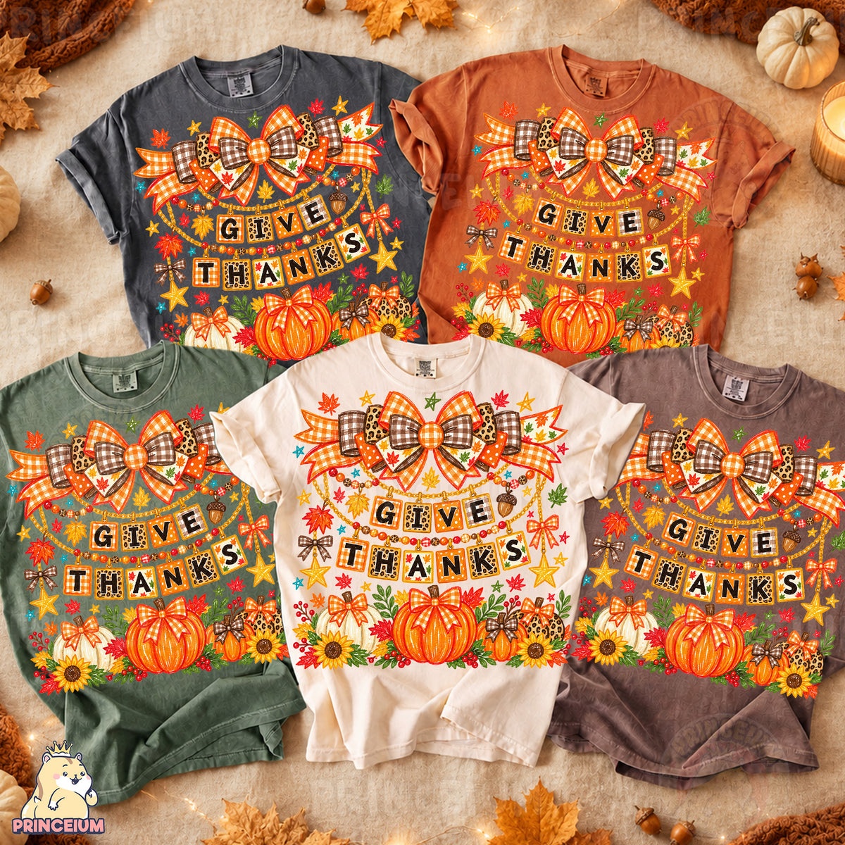 Give Thanks PNG Preppy Fall Bows & Pumpkins Thanksgiving Design
