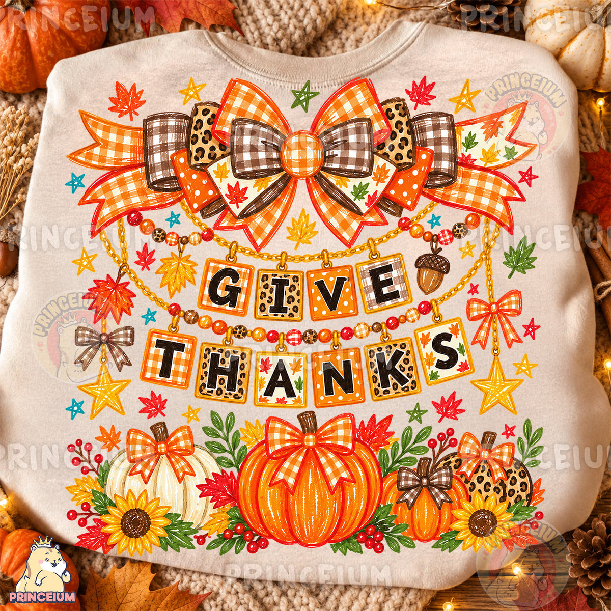 Give Thanks PNG Preppy Fall Bows & Pumpkins Thanksgiving Design