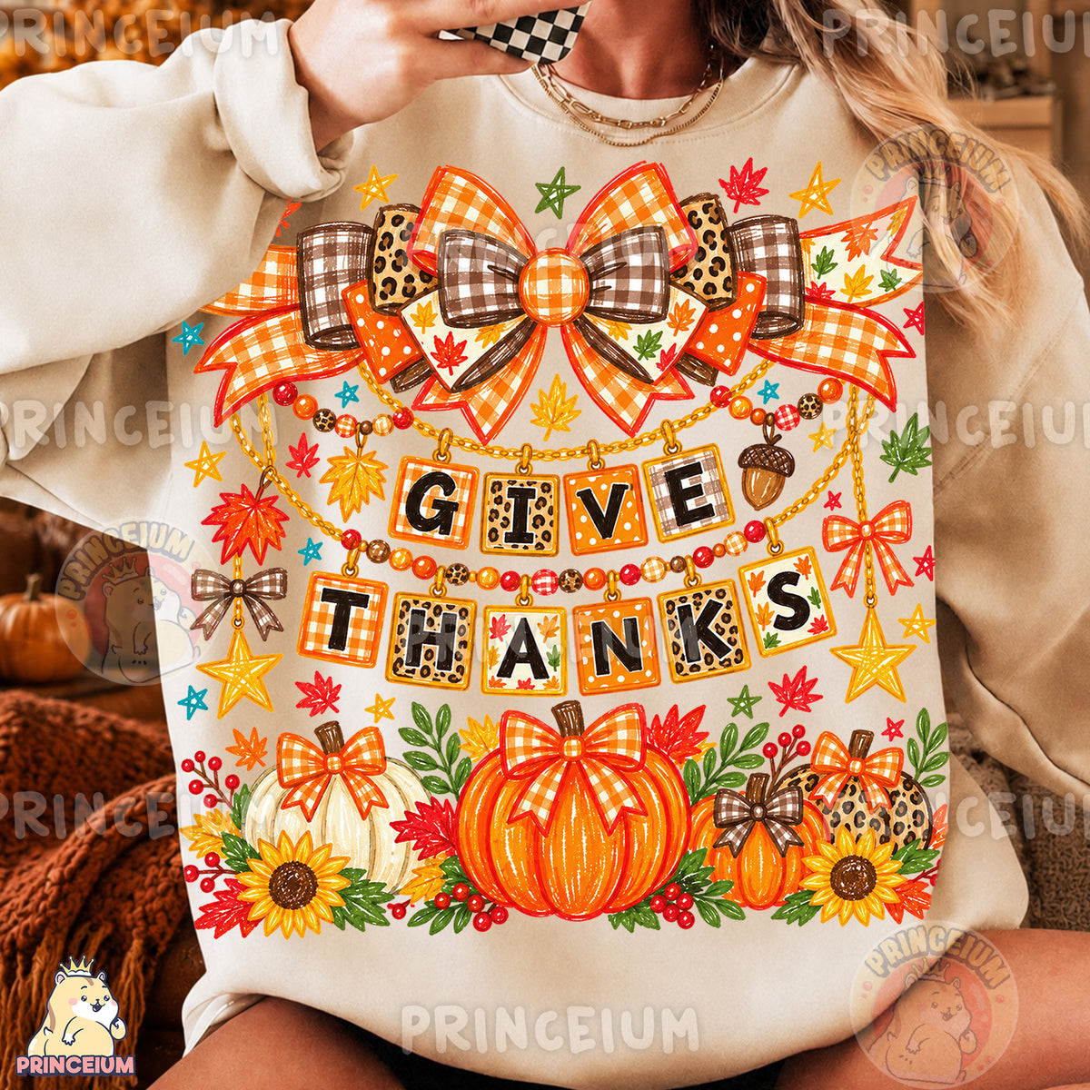 Give Thanks PNG Preppy Fall Bows & Pumpkins Thanksgiving Design