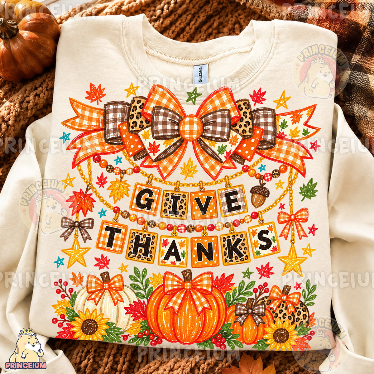 Give Thanks PNG Preppy Fall Bows & Pumpkins Thanksgiving Design