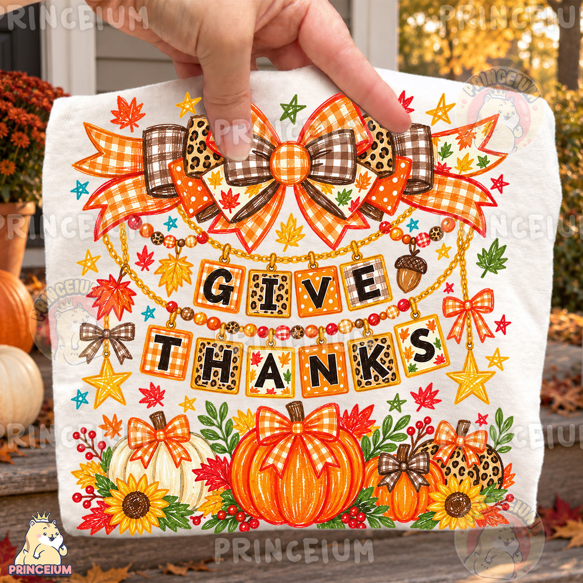 Give Thanks PNG Preppy Fall Bows & Pumpkins Thanksgiving Design