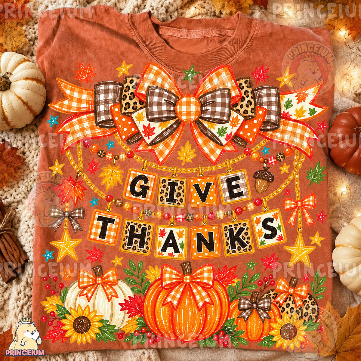 Give Thanks PNG Preppy Fall Bows & Pumpkins Thanksgiving Design