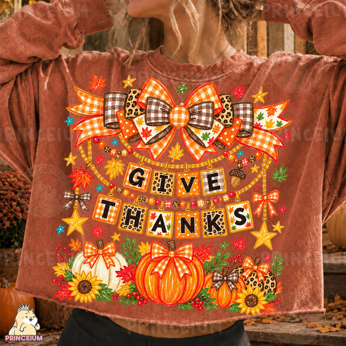 Give Thanks PNG Preppy Fall Bows & Pumpkins Thanksgiving Design