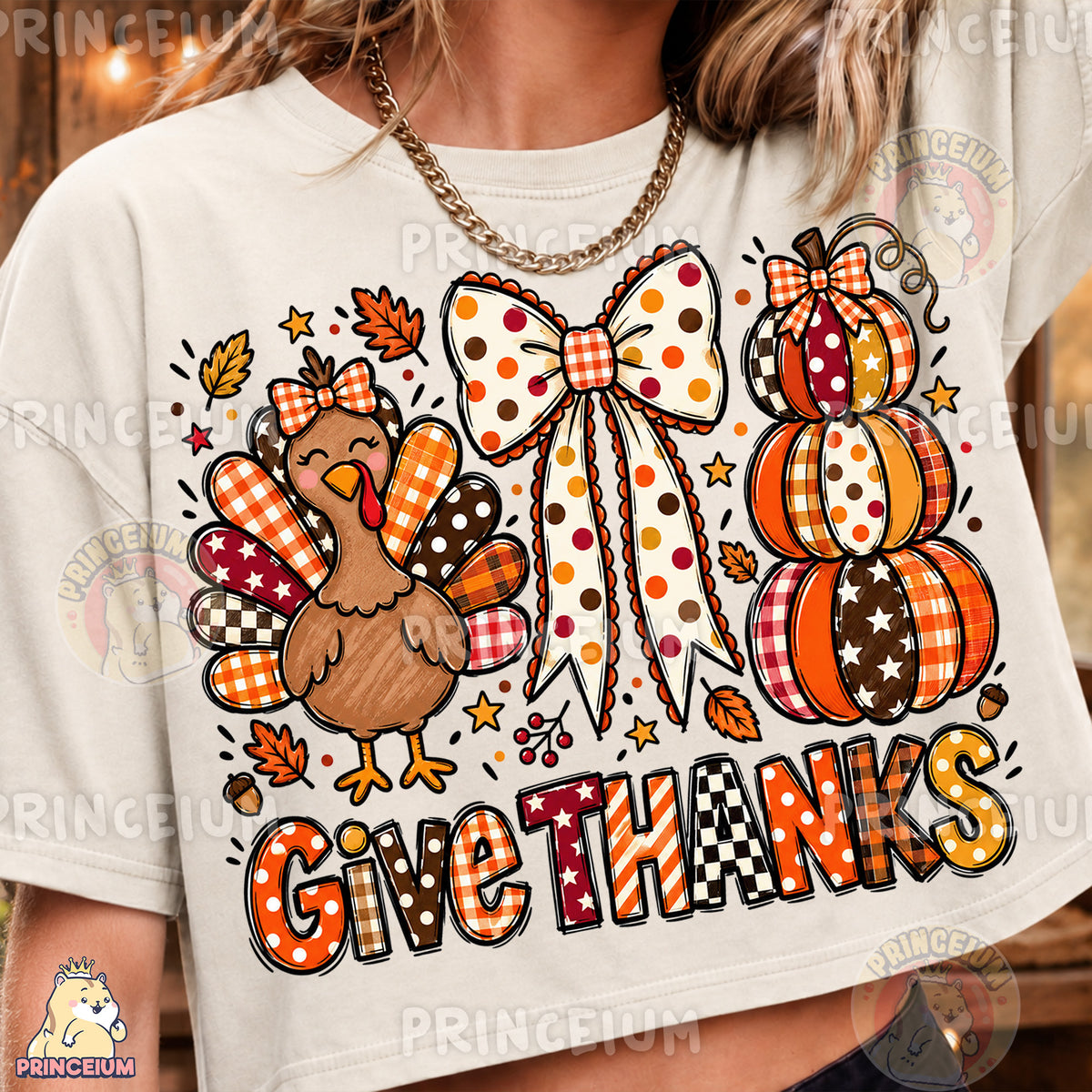 Give Thanks PNG Preppy Thanksgiving Turkey Bow & Pumpkin Design