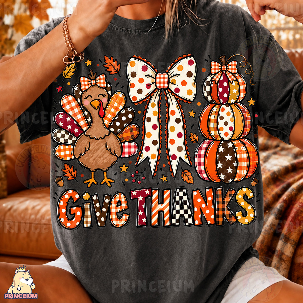 Give Thanks PNG Preppy Thanksgiving Turkey Bow & Pumpkin Design
