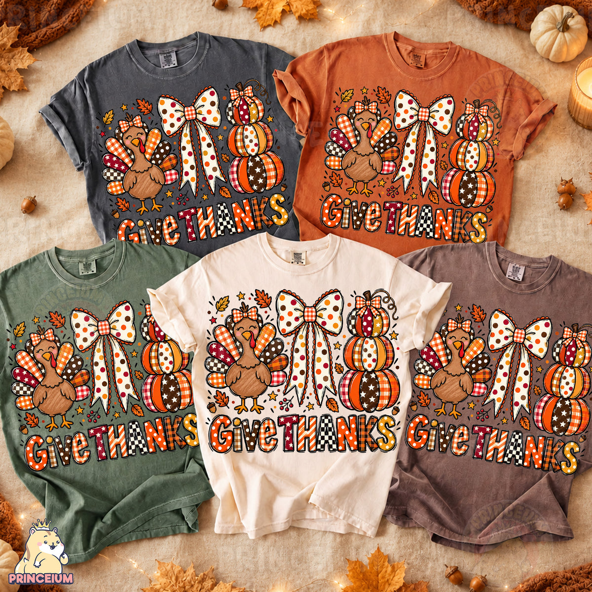 Give Thanks PNG Preppy Thanksgiving Turkey Bow & Pumpkin Design